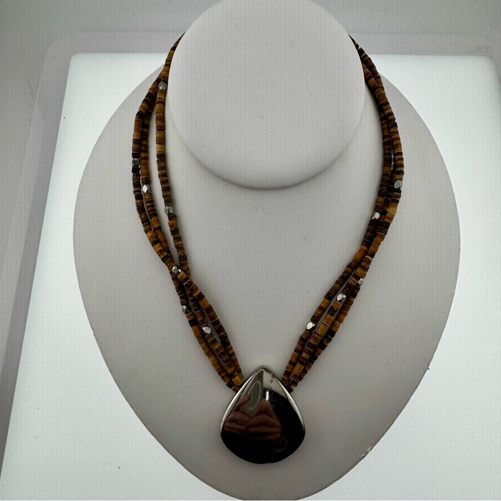 Cookie Lee Tiger Eye Stone Necklace Stone With Silver Accents Teardrop Pendant 15$